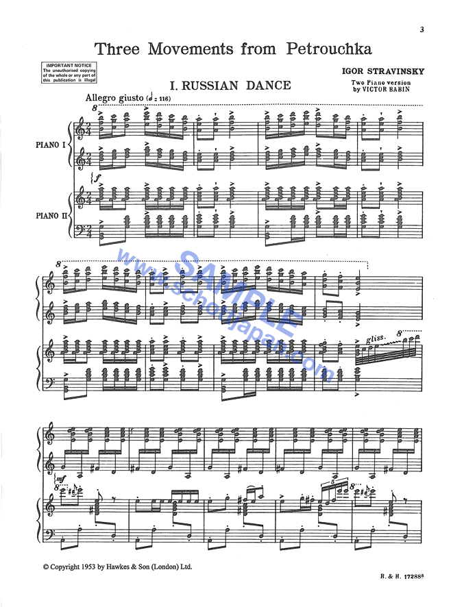ペトルーシュカからの3楽章（2台ピアノ）／ストラヴィンスキー／SW 3068